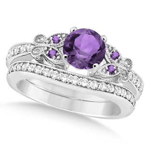 Ensemble de mariage en or blanc 14 carats avec papillon, améthyste et diamants, classique, plaqué or rose, platine, 1,75 carat, pour cadeau de fête de mariage - Product Image 3