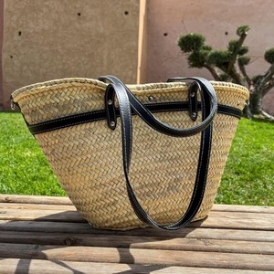 Moroccan Straw Market <b>Basket</b> with <b>Black</b> Leather Handles, French Style <b>Woven</b> Tote Bag, Handcrafted Summer Beach Bag, Boho Shopper - Product Image 1