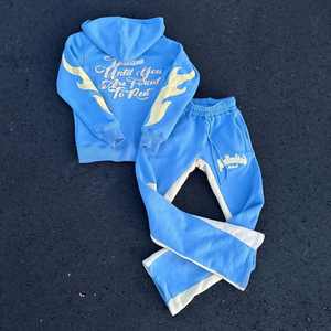 Haute qualité 100% coton en détresse broderie Jogging survêtement unisexe hommes survêtement survêtement survêtement pantalon de survêtement à capuche ensemble - Product Image 4