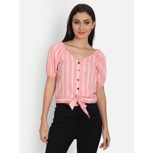 Haut en rayonne popeline rose clair tricoté en coton à rayures verticales, tendance, décontracté, à manches mi-longues pour le printemps-été, tailles XS-XL, avec logo - Product Image 2