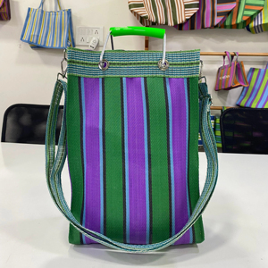 Sac de courses réutilisable à rayures en polypropylène avec poignées, fermeture éclair à long cordon, multicolore, sacs de marché en maille recyclée - Product Image 3