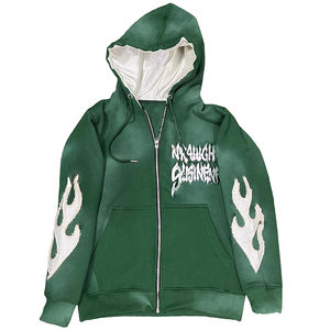 Alta calidad bordado desgastado peso pesado algodón Terry tela recortada Zip up hombres Sudadera con capucha desgastada transpirable al por mayor - Product Image 4