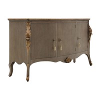 Buffet moderne Maxime fait main en bois de mahogany massif avec sculptures en bois et finition noyer pour salon