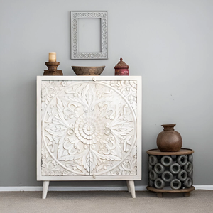 Woods <b>Sideboard</b> Hand Carved Mango Wood In White Distress Featuring Elegant Design Durable Construction - Product Image 4