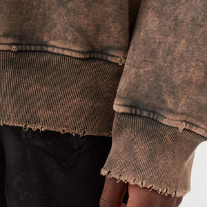 OEM Custom Winter Print Cotton <b>Y2k</b> <b>Streetwear</b> Vintage Washed Applique Patch Distressed Embroidery Boxy Crop Raw Hem Men Hoodie - Product Image 4