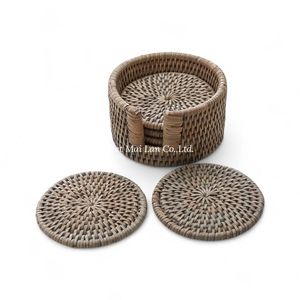 Handwoven Natural Rattan <b>Coaster</b> <b>Set</b> With Storage Tray Crafted By Vietnamese Artisans For Home Use - Product Image 3