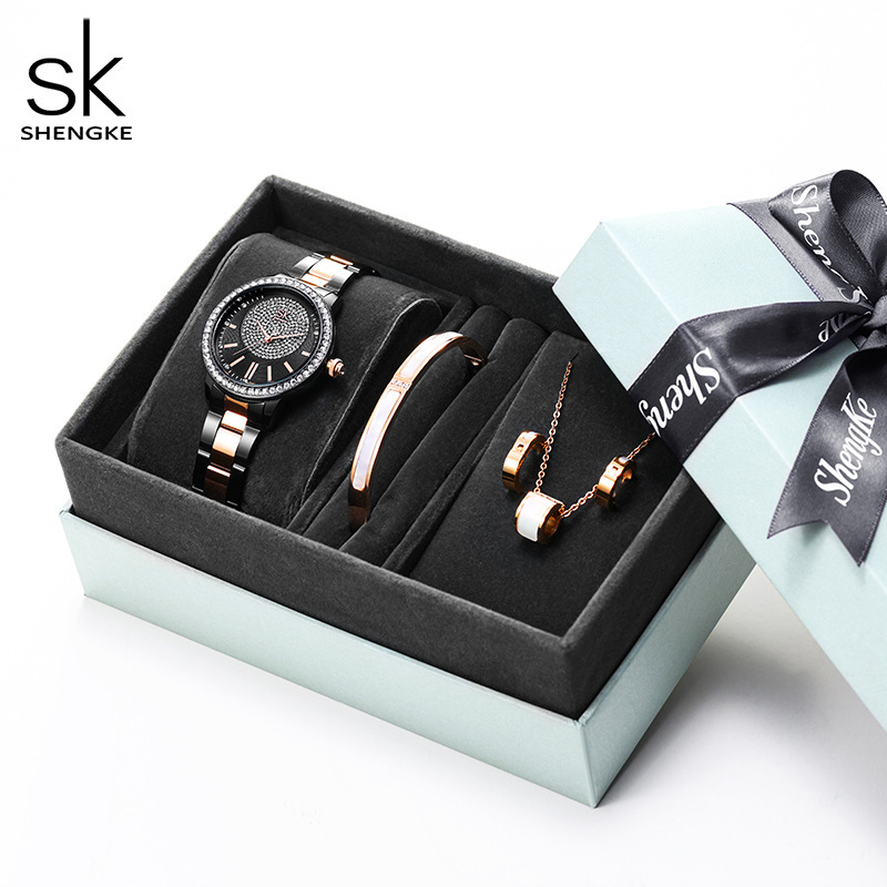 Shengke New Watches Set With Luxury Bracelet Earrings Necklace Accessories High Quality Women Watches Gift for Love Anniversary