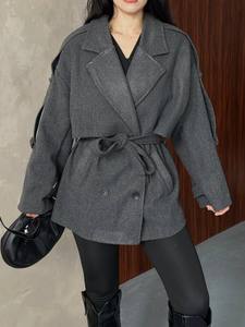 Elegant Gray Brushed <b>coat</b> fabric <b>Wool</b> Blend Trench <b>Coat</b> <b>With</b> <b>Belt</b> Full Sleeve Notched Collar Midi Length Winter Wear - Product Image 4