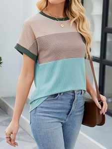 Camiseta básica de manga corta con cuello redondo y bloque de Color para mujer, 100% algodón, antibolitas, ecológica, lisa, teñida, a rayas, transpirable - Product Image 4
