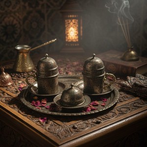 8-<b>Piece</b> Copper Cup <b>Set</b> for <b>2</b> People Oriental Design Style Wedding Gift Includes Lids & Tray - Product Image 2