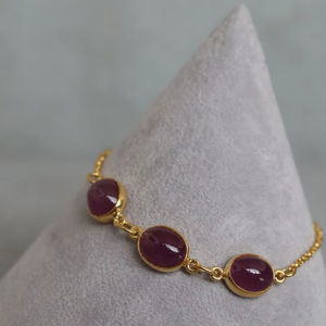 <b>Ruby</b> 3 Stone Charm <b>Bracelet</b> 925 Sterling Silver Silver Plated Handmade High-grade Bezel Set July Birthstone Gift Her - Product Image 1