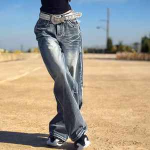 Pantalones vaqueros de pierna ancha teñidos con lazo marrón retro para mujer, pantalones vaqueros lavados rectos sueltos, pantalones vaqueros negros hechos a mano, otra categoría de producto - Product Image 1