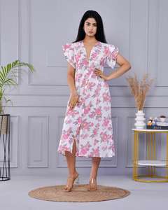 Robe décontractée une pièce à imprimé floral en pur coton fabriquée à la main pour femme - Product Image 5