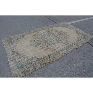 Tapis en laine turque beige et vert vintage de 4 pieds x 8,4 pieds, tissage plat, patchwork avec support en latex pour décorations de salon - Product Image 2