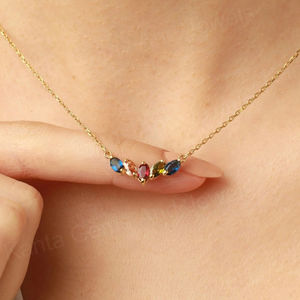 Solid 925 Sterling Silver 18k <b>Gold</b> Plated Multi Color Gemstone Marquise Cut Prong Setting Link Chain Family Birthstone Necklaces - Product Image 6