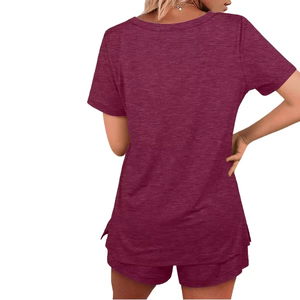 Hexo, conjuntos de 2 piezas de entrenamiento de verano informal para mujer, camisas con cuello en V y camisetas cortas, venta al por mayor, longitud de media manga de Color sólido - Product Image 4
