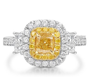 Cojín de zafiro amarillo Diamante y anillo de moissanita de forma redonda blanca Hermoso anillo de compromiso personalizado - Product Image 1