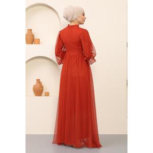 อาบายะลายจุดเก๋ไก๋สีแดงอิฐ แต่งดีเทลผ้าทูลที่เอว ความยาวแบบแม็กซี่-MSW12238-4 - Product Image 5