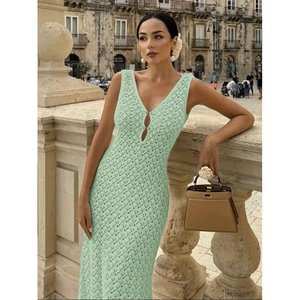 Vestido Maxi Elegante de Punto con Tirantes y Cuello en V para Mujer, Marca Jane's, con Patrón de Trenzas, para Uso Diario Informal - Product Image 1