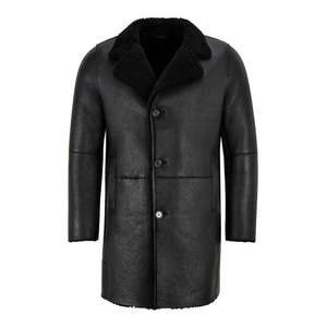 This is a <b>men's</b> black single-breasted shearling sheepskin <b>trench</b> <b>coat</b> - Product Image 1
