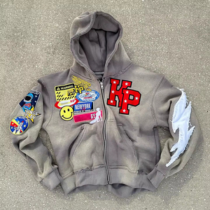 하이 퀄리티 ODM 후드 자수 패치 주문을 받아서 만들어진 좋은 품질 남성 스톤 워시 지퍼 까마귀 Destress 후드 남성용 - Product Image 2