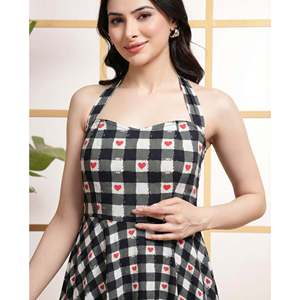 DEEBACO Women's Solid Cotton Checked with Heart Print Tiered Maxi <b>Dress</b> Halter Neck Sleeveless Ankle Length Fit & Flared Summer - Product Image 2