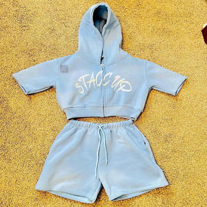 Conjunto de Sudadera Corta con Capucha y Pantalones Cortos Bordados para Mujer, Estilo Acid Wash, Sudadera con Capucha de Media Manga con Cierre y Pantalones Cortos con Cintura Fruncida - Product Image 1