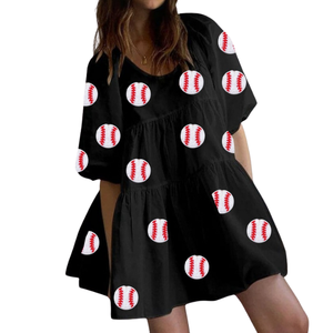 Unique <b>Summer</b> Mini Off-shoulder Game Day <b>Dresses</b> with Baseball and Bat-themed Sequin Patches Breathable Fabric for Women Girls - Product Image 2
