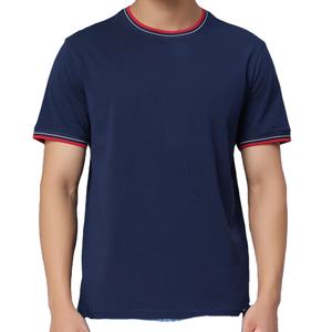 T-shirt pour homme bleu marine à bordures contrastées, 100% coton, col rond, décontracté, été, manches courtes, OEM, marque privée, fournisseur en gros - Product Image 4