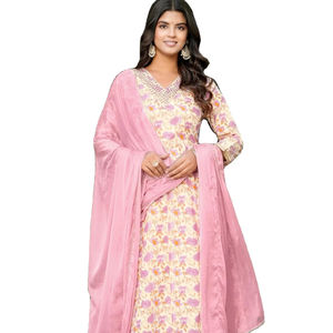 Algodón puro con trabajo bordado Anarkali Top con pantalón y Dupatta - Product Image 1