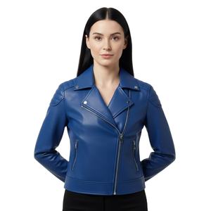 Blouson de moto en cuir bleu pour femme, vente en gros personnalisée, quantité en vrac, style motard authentique, manteau pour femme, prix d'usine, approvisionnement OEM - Product Image 1