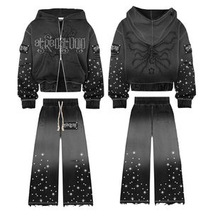 Streetwear personnalisé sweat à capuche zippé pour hommes en détresse lavage à l'acide lourd strass pantalon de survêtement et ensemble de sweat à capuche - Product Image 4