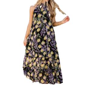 Vestido floral amarillo y lavanda de estilo vintage de calidad premium para vacaciones, días de playa y eventos al aire libre de la India - Product Image 1