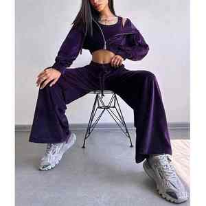 Ensemble de jogging 2 pièces en molleton décontracté avec logo en strass personnalisé 2026, broderie, hiver, uni, violet, pour femmes, style streetwear - Product Image 3