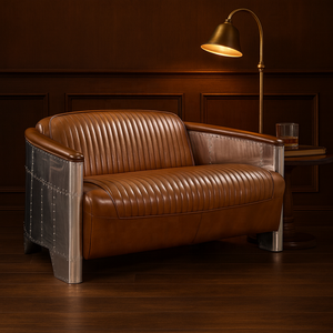 Aviator Leather Loveseat | Industrial Two Seat Sectional <b>Sofa</b> | Aluminum Mango Wood Frame Midcentury Modern Villa Furniture - Product Image 3