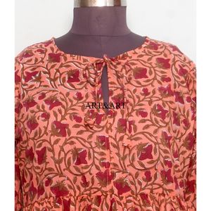 Hermoso Vestido Vintage de Mujer, 100% Algodón Tejido, Corte en A, Estampado Floral Hecho a Mano, Cuello Redondo, Mangas Abullonadas, para Vacaciones, Playa - Product Image 3
