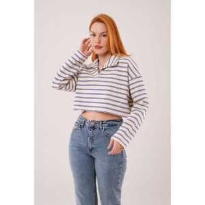 Sudadera con capucha corta para mujer, azul marino a rayas, con cuello polo, al por mayor - Product Image 3