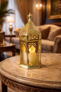 <b>Gold</b> Finish Metal Moroccan <b>Lantern</b> with Glass Panels Intricate Cutwork Warm Candle Glow for Festive Home Decor and Gifting - Product Image 2