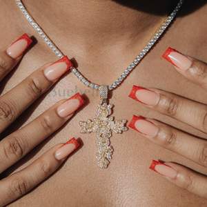 Fashion Rose <b>Cross</b> Moissanite Pendant <b>Necklace</b> 925 <b>Silver</b> & 18K Gold Plated Stylish Iced out Design For Women - Product Image 3