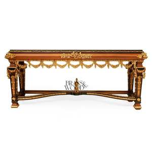 Table console en bois artisanale de luxe avec plateau en marqueterie ornée, base incurvée et détails en laiton doré riche - Product Image 2
