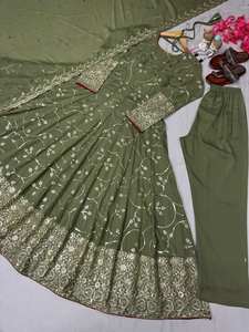 ชุดทำงานแขนเสื้อปักลาย Georgette กับ dupatta Wine pishwas anarkali gharara - Product Image 4