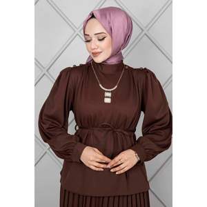 Hombros Botón Detalle Hijab 2 Piezas Traje Marrón - Product Image 2