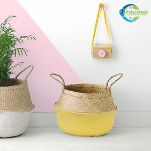 Cestas de vientre de hierba marina de Vietnam con asas cesta hecha a mano ecológica para frutas frescas, plantas, organizador de lavandería artesanal - Product Image 3