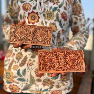 Nueva llegada único grabado tallado de cuero largo de los hombres cartera hecha a mano de cuero de los hombres Bi Fold billetera larga regalo personalizado para él - Product Image 2