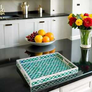 ถาดเสิร์ฟทำจากไม้ฝังกระดูกสีเขียวทนทานเป็นมิตรกับสิ่งแวดล้อมงานแฮนด์เมดดีไซน์ทันสมัยสำหรับงานแต่งงานงานดิวาลีตกแต่งกาแฟ - Product Image 2