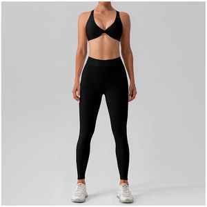 Vente en gros, ensemble fitness personnalisé avec impression réversible, soutien-gorge de sport respirant avec bretelles dans le dos, legging XL à la taille et avec cordon de serrage - Product Image 2