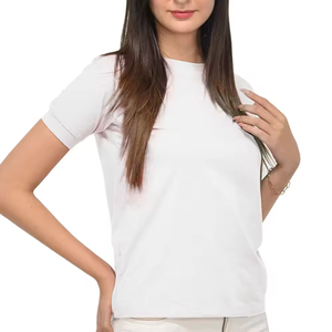 Camiseta de cuello redondo de manga corta bordada con estampado de algodón 100% personalizado de alta calidad para mujer para verano - Product Image 2