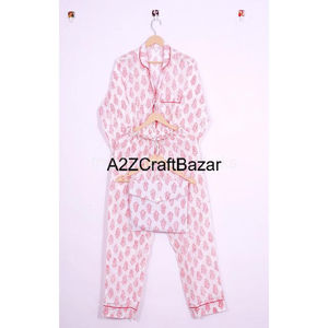 Ensemble pyjama en coton indien pour femmes, taille élastique, respirant, imprimé floral, manches longues, vêtements de nuit d'été, tricoté, hiver - Product Image 5