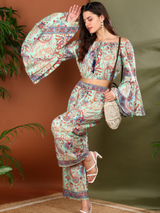 Mint Green Printed Polyester Co-ord Set For Women With <b>Off</b>-<b>shoulder</b> Crop <b>Top</b> Bell Sleeves And Wide-leg Pants Casual Party Wear - Product Image 6