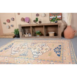 Alfombra de lana turca Vintage clásica Beige azul 6,1X7,7 pies rectángulo de retazos hecho a mano con respaldo de látex para juego de sala de estar - Product Image 2